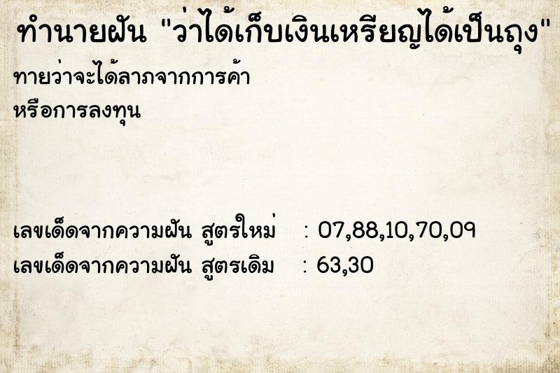 ทำนายฝันว่าได้เก็บเงินเหรียญได้เป็นถุง ทำนายฝันทำนายฝันว่าได้เก็บเงินเหรียญได้เป็นถุง