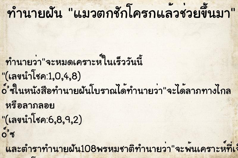 ทำนายฝัน แมวตกชักโครกแล้วช่วยขึ้นมา