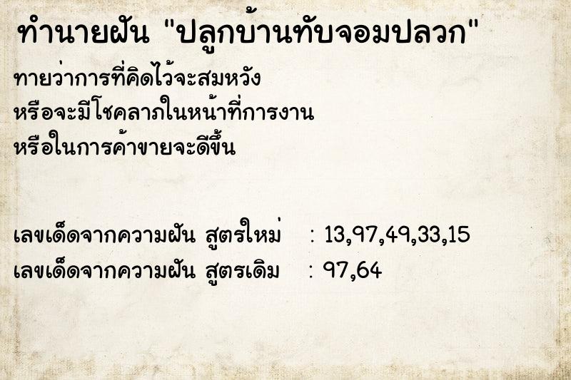 ทำนายฝันปลูกบ้านทับจอมปลวก ทำนายฝันทำนายฝันปลูกบ้านทับจอมปลวก