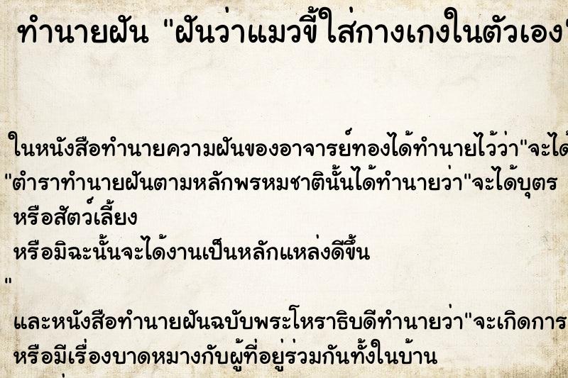 ทำนายฝันฝันว่าแมวขี้ใส่กางเกงในตัวเอง ทำนายฝันทำนายฝันฝันว่าแมวขี้ใส่กางเกงในตัวเอง
