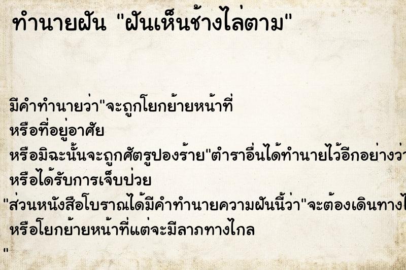 ทำนายฝัน ฝันเห็นช้างไล่ตาม ทำนายฝัน ฝันเห็นช้างไล่ตาม