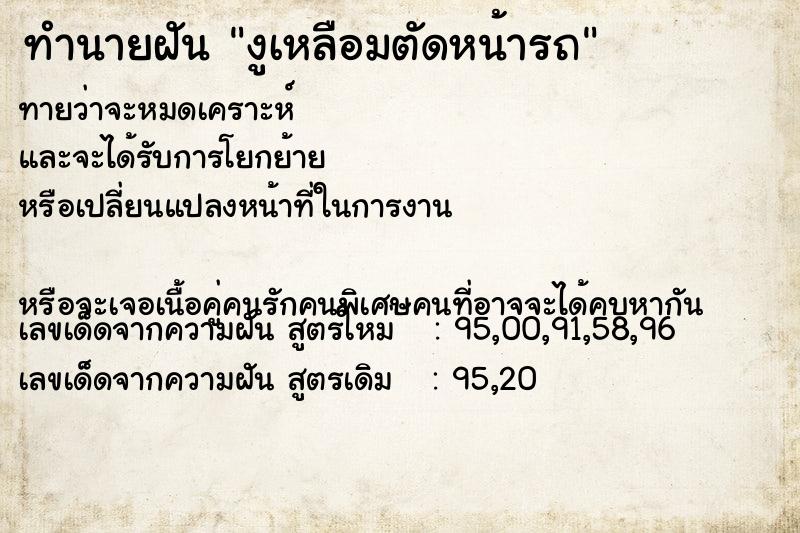 ทำนายฝันงูเหลือมตัดหน้ารถ ทำนายฝันทำนายฝันงูเหลือมตัดหน้ารถ