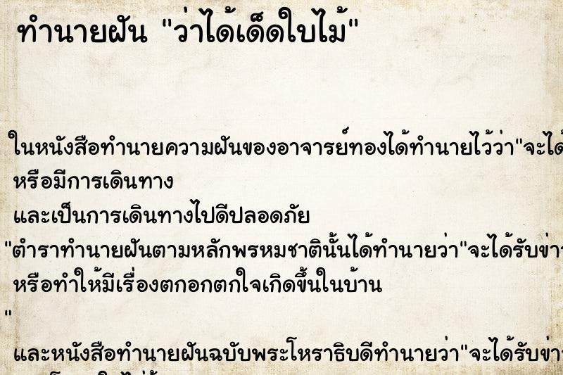 ทำนายฝันว่าได้เด็ดใบไม้ ทำนายฝันทำนายฝันว่าได้เด็ดใบไม้