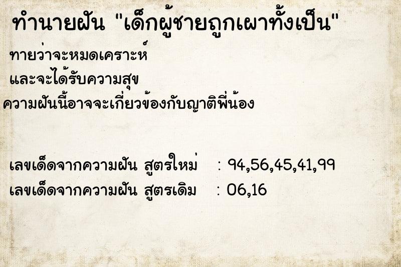 ทำนายฝันเด็กผู้ชายถูกเผาทั้งเป็น ทำนายฝันทำนายฝันเด็กผู้ชายถูกเผาทั้งเป็น