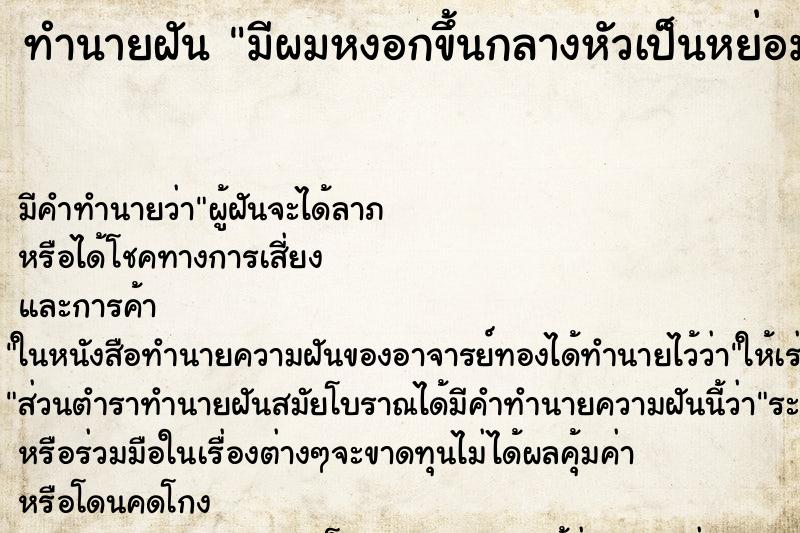ทำนายฝันมีผมหงอกขึ้นกลางหัวเป็นหย่อมใหญ่ ทำนายฝันทำนายฝันมีผมหงอกขึ้นกลางหัวเป็นหย่อมใหญ่