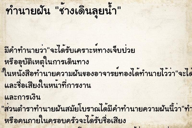 ทำนายฝัน ช้างเดินลุยน้ำ ทำนายฝัน ช้างเดินลุยน้ำ