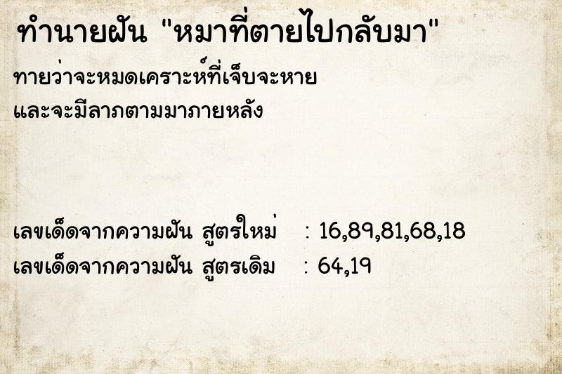 ทำนายฝันหมาที่ตายไปกลับมา ทำนายฝันทำนายฝันหมาที่ตายไปกลับมา