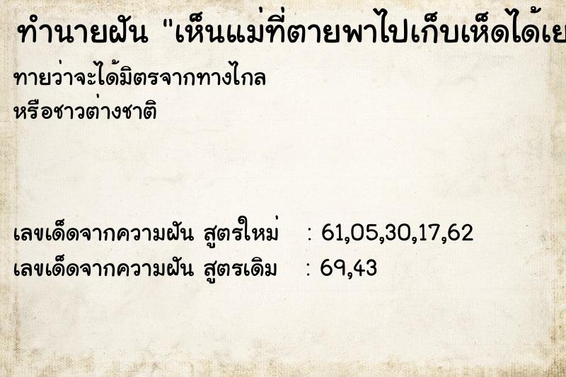 ทำนายฝันทำนายฝันเห็นแม่ที่ตายพาไปเก็บเห็ดได้เยอะมาก