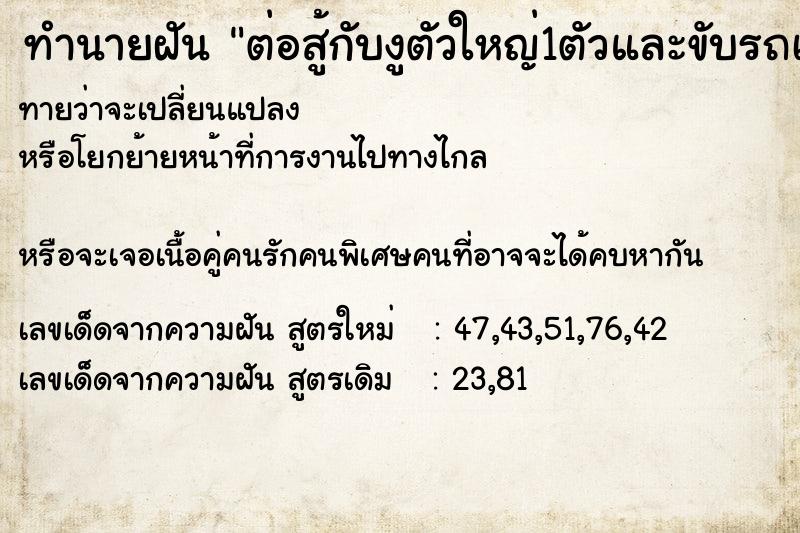 ทำนายฝันทำนายฝันต่อสู้กับงูตัวใหญ่1ตัวและขับรถเหยียบงูตัวใหญ่1ตัว