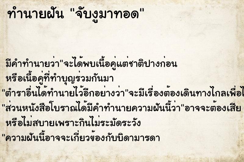 ทำนายฝันจับงูมาทอด ทำนายฝันทำนายฝันจับงูมาทอด