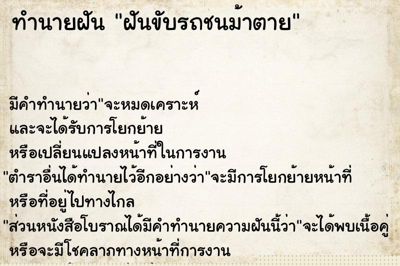 ทำนายฝัน ฝันขับรถชนม้าตาย ทำนายฝัน ฝันขับรถชนม้าตาย