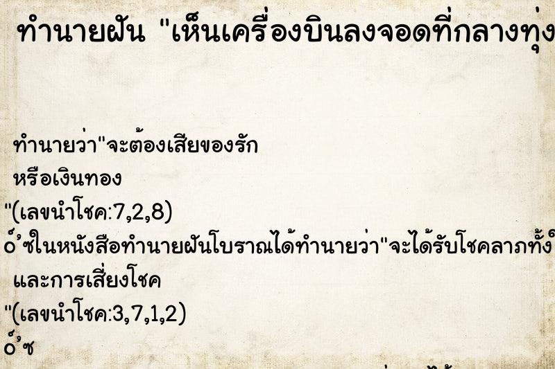 ทำนายฝันเห็นเครื่องบินลงจอดที่กลางทุ่งนา ทำนายฝันทำนายฝันเห็นเครื่องบินลงจอดที่กลางทุ่งนา