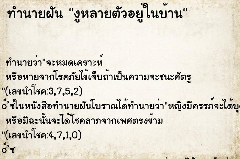 ทำนายฝัน งูหลายตัวอยู่ในบ้าน ตำราโบราณ แม่นที่สุดในโลก