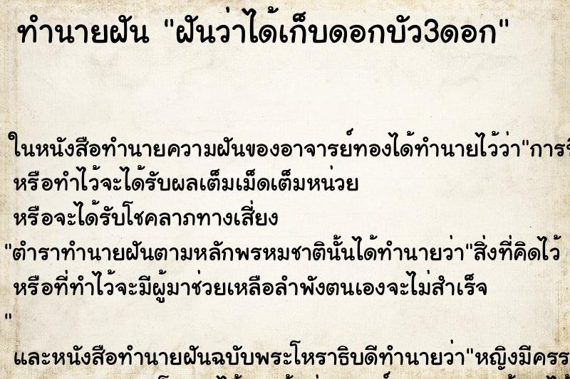 ทำนายฝันฝันว่าได้เก็บดอกบัว3ดอก ทำนายฝันทำนายฝันฝันว่าได้เก็บดอกบัว3ดอก