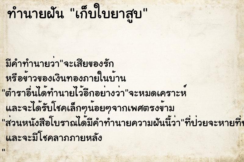 ทำนายฝันทำนายฝันเก็บใบยาสูบ
