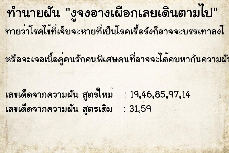 ทำนายฝันทำนายฝันงูจงอางเผือกเลยเดินตามไป