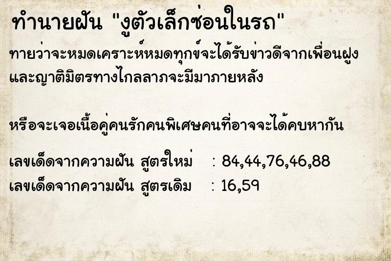 ทำนายฝันงูตัวเล็กซ่อนในรถ ทำนายฝันทำนายฝันงูตัวเล็กซ่อนในรถ