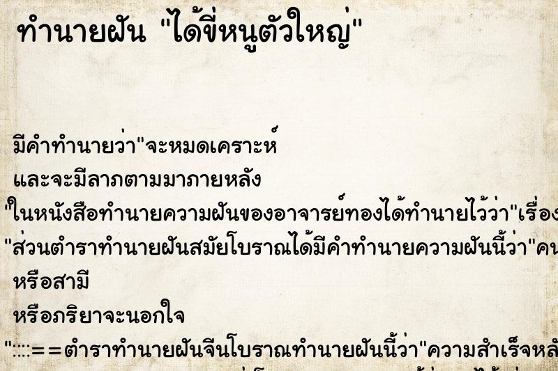 ทำนายฝันได้ขี่หนูตัวใหญ่ ทำนายฝันทำนายฝันได้ขี่หนูตัวใหญ่