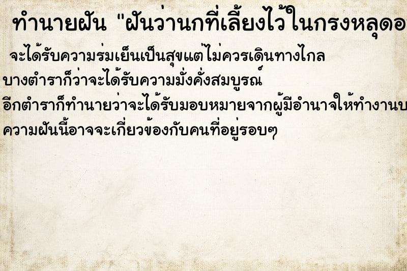 ทำนายฝันฝันว่านกที่เลี้ยงไว้ในกรงหลุดออกจากกรง ทำนายฝันทำนายฝันฝันว่านกที่เลี้ยงไว้ในกรงหลุดออกจากกรง