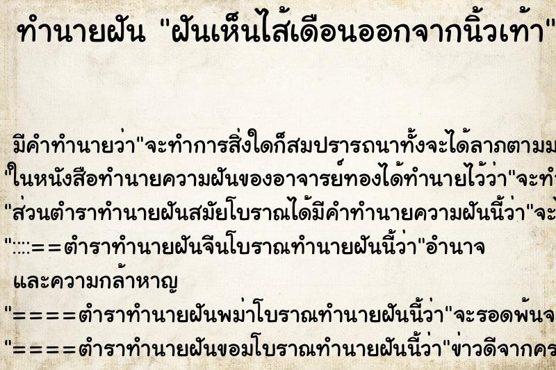 ทำนายฝัน ฝันเห็นไส้เดือนออกจากนิ้วเท้า ทำนายฝัน ฝันเห็นไส้เดือนออกจากนิ้วเท้า