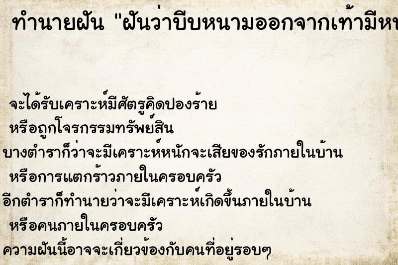 ทำนายฝันฝันว่าบีบหนามออกจากเท้ามีหนองและหนอนออกมาด้วย ทำนายฝันทำนายฝันฝันว่าบีบหนามออกจากเท้ามีหนองและหนอนออกมาด้วย