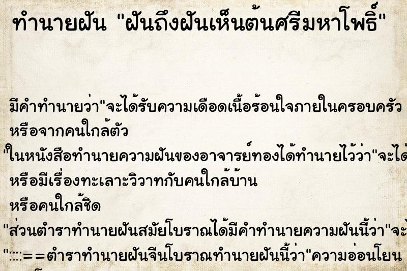 ทำนายฝันฝันถึงฝันเห็นต้นศรีมหาโพธิ์ ทำนายฝันทำนายฝันฝันถึงฝันเห็นต้นศรีมหาโพธิ์