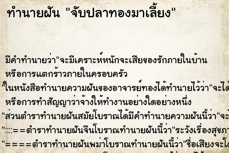 ทำนายฝัน จับปลาทองมาเลี้ยง ทำนายฝัน จับปลาทองมาเลี้ยง