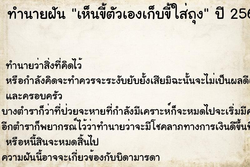 ทำนายฝันทำนายฝันเห็นขี้ตัวเองเก็บขี้ใส่ถุง