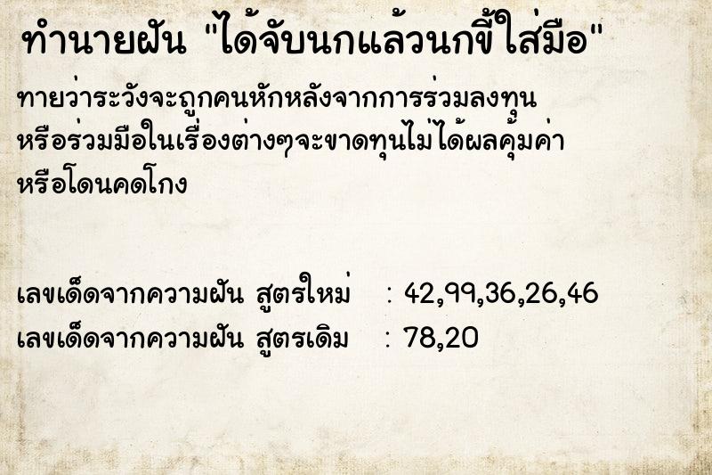 ทำนายฝันได้จับนกแล้วนกขี้ใส่มือ ทำนายฝันทำนายฝันได้จับนกแล้วนกขี้ใส่มือ