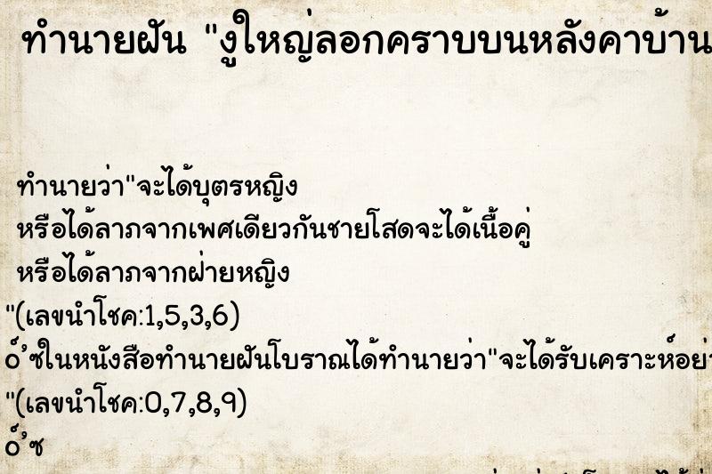 ทำนายฝันงูใหญ่ลอกคราบบนหลังคาบ้าน ทำนายฝันทำนายฝันงูใหญ่ลอกคราบบนหลังคาบ้าน