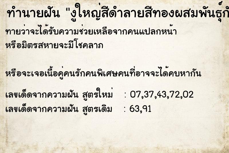 ทำนายฝันงูใหญ่สีดำลายสีทองผสมพันธุ์กัน ทำนายฝันทำนายฝันงูใหญ่สีดำลายสีทองผสมพันธุ์กัน