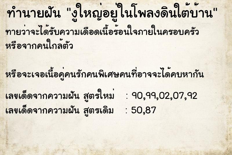 ทำนายฝันงูใหญ่อยู่ในโพลงดินใต้บ้าน ทำนายฝันทำนายฝันงูใหญ่อยู่ในโพลงดินใต้บ้าน