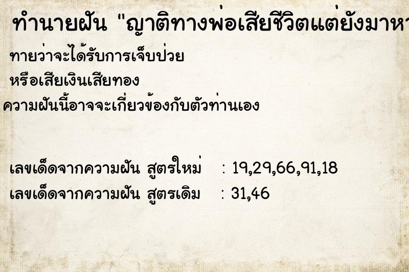 ทำนายฝันทำนายฝันญาติทางพ่อเสียชีวิตแต่ยังมาหาปกติ
