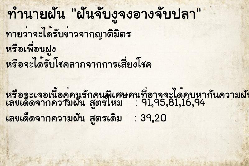 ทำนายฝันฝันจับงูจงอางจับปลา ทำนายฝันทำนายฝันฝันจับงูจงอางจับปลา