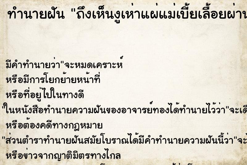 ทำนายฝัน ถึงเห็นงูเห่าแผ่แม่เบี้ยเลื้อยผ่านหน้า ทำนายฝัน ถึงเห็นงูเห่าแผ่แม่เบี้ยเลื้อยผ่านหน้า