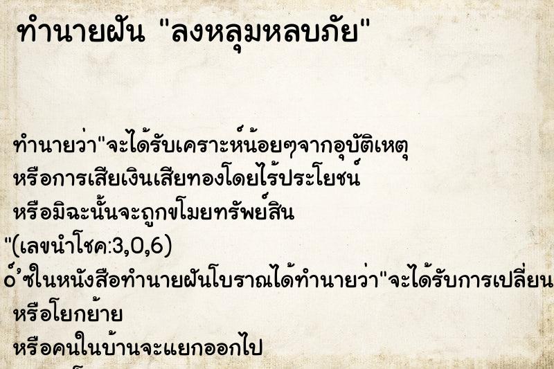 ทำนายฝัน ลงหลุมหลบภัย ทำนายฝัน ลงหลุมหลบภัย