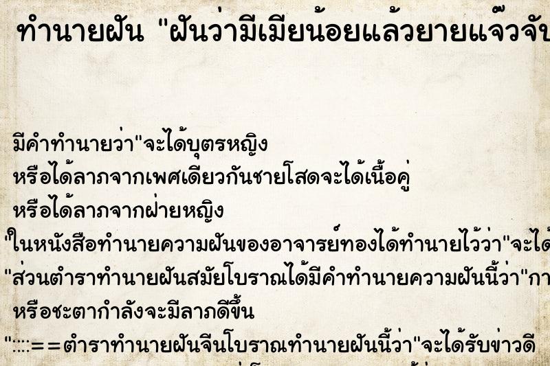 ทำนายฝัน ฝันว่ามีเมียน้อยแล้วยายแจ๊วจับได้ ทำนายฝัน ฝันว่ามีเมียน้อยแล้วยายแจ๊วจับได้