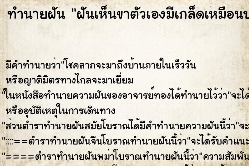 ทำนายฝันฝันเห็นขาตัวเองมีเกล็ดเหมือนปลาแล้วลอกเกล็ดออก ทำนายฝันทำนายฝันฝันเห็นขาตัวเองมีเกล็ดเหมือนปลาแล้วลอกเกล็ดออก