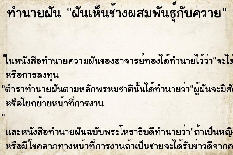 ทำนายฝันฝันเห็นช้างผสมพันธุ์กับควาย ทำนายฝันทำนายฝันฝันเห็นช้างผสมพันธุ์กับควาย