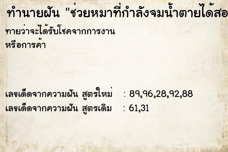 ทำนายฝัน ช่วยหมาที่กำลังจมน้ำตายได้สองตัวจากสามตัว ทำนายฝัน ช่วยหมาที่กำลังจมน้ำตายได้สองตัวจากสามตัว