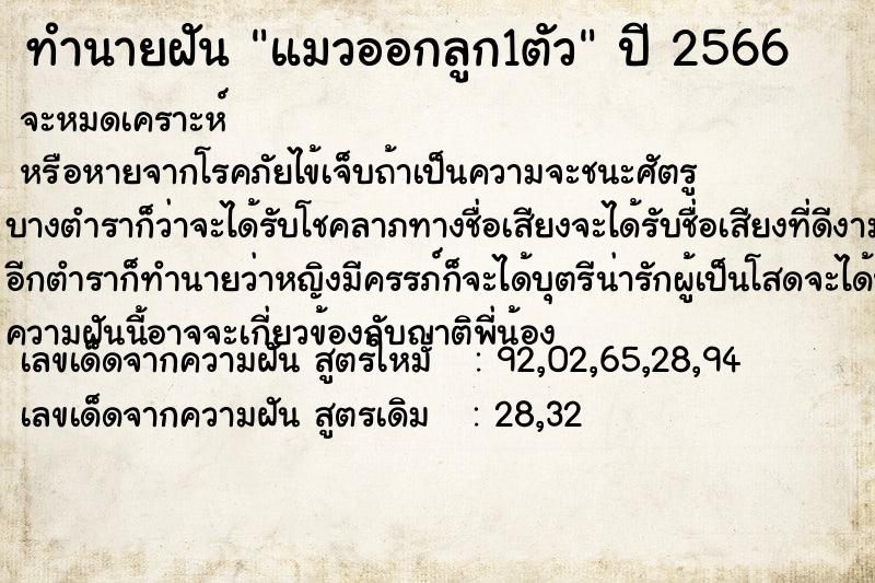 ทำนายฝันทำนายฝันแมวออกลูก1ตัว