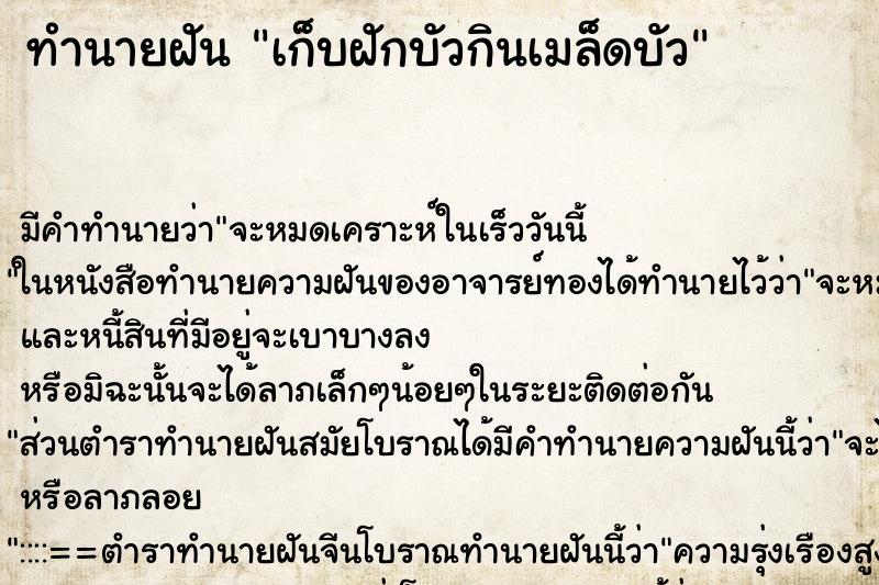 ทำนายฝัน เก็บฝักบัวกินเมล็ดบัว ทำนายฝัน เก็บฝักบัวกินเมล็ดบัว