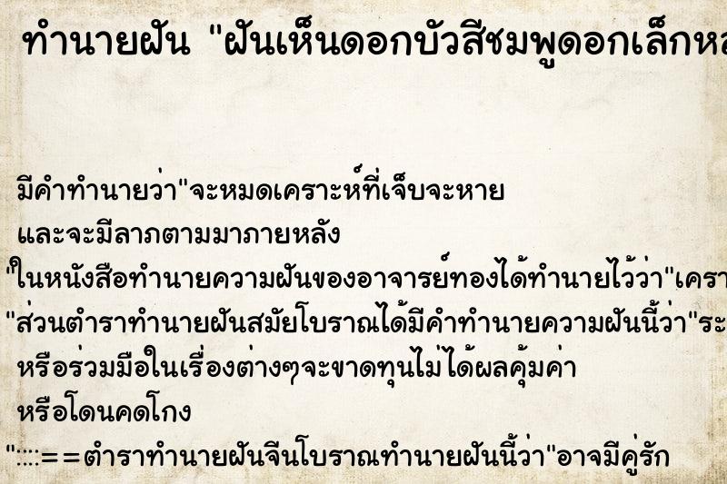 ทำนายฝัน ฝันเห็นดอกบัวสีชมพูดอกเล็กหลายดอก ทำนายฝัน ฝันเห็นดอกบัวสีชมพูดอกเล็กหลายดอก
