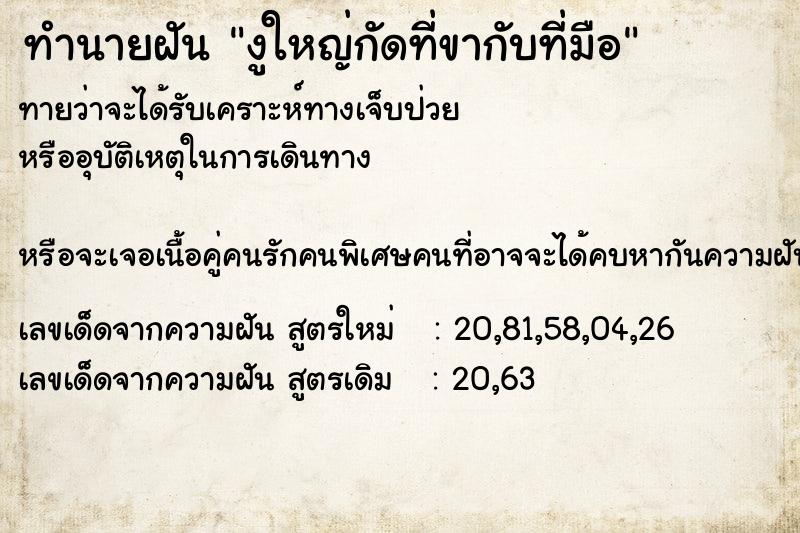 ทำนายฝัน งูใหญ่กัดที่ขากับที่มือ ทำนายฝัน งูใหญ่กัดที่ขากับที่มือ