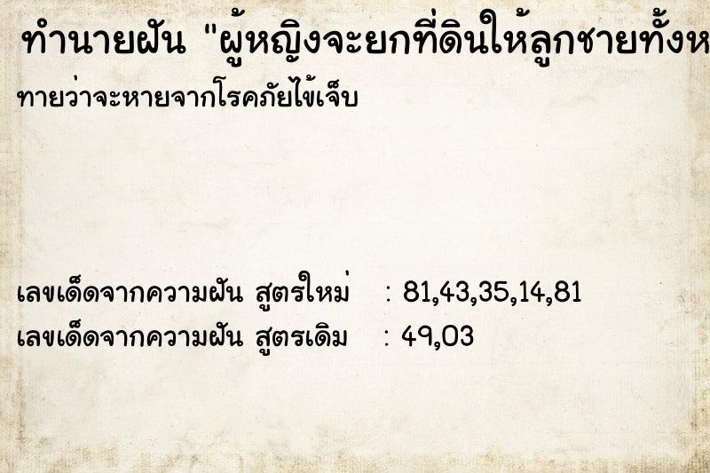 ทำนายฝันผู้หญิงจะยกที่ดินให้ลูกชายทั้งหมด ทำนายฝันทำนายฝันผู้หญิงจะยกที่ดินให้ลูกชายทั้งหมด