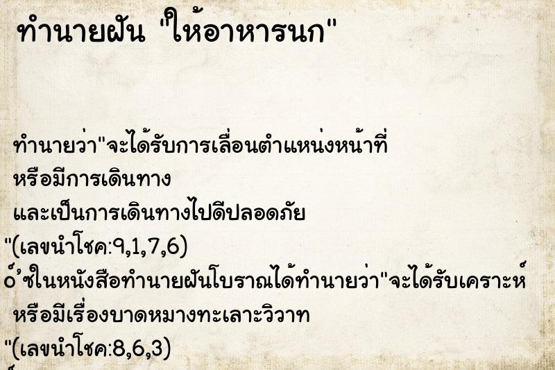 ทำนายฝัน ให้อาหารนก ทำนายฝัน ให้อาหารนก