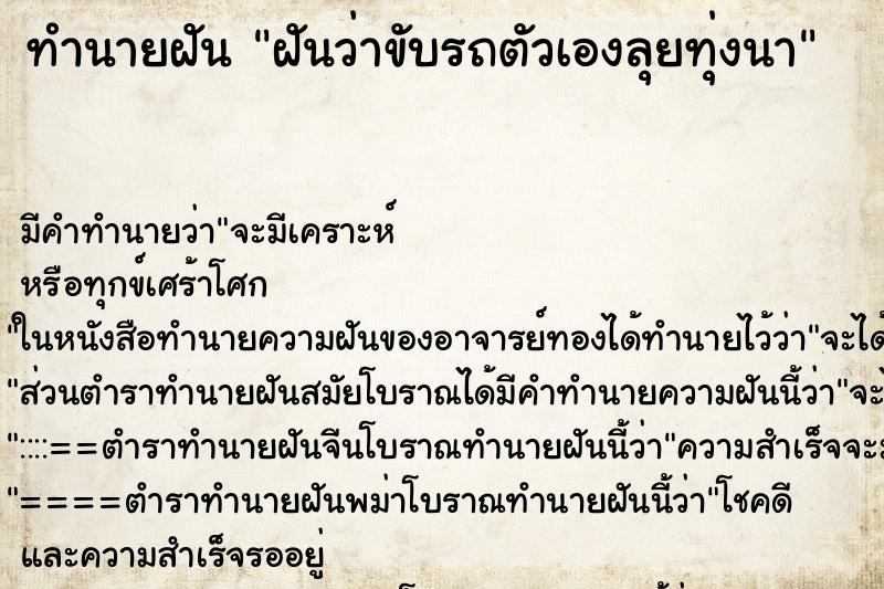 ทำนายฝันฝันว่าขับรถตัวเองลุยทุ่งนา ทำนายฝันทำนายฝันฝันว่าขับรถตัวเองลุยทุ่งนา