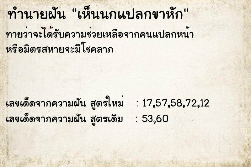 ทำนายฝันเห็นนกแปลกขาหัก ทำนายฝันทำนายฝันเห็นนกแปลกขาหัก