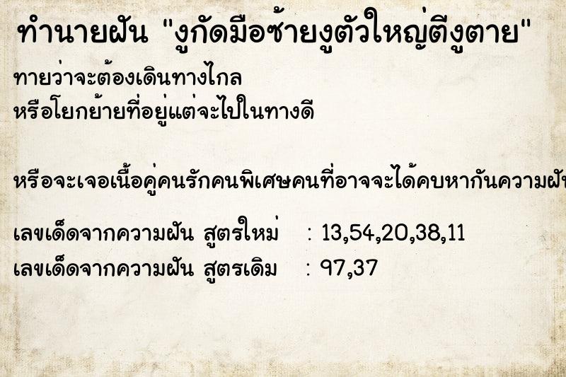 ทำนายฝัน งูกัดมือซ้ายงูตัวใหญ่ตีงูตาย ทำนายฝัน งูกัดมือซ้ายงูตัวใหญ่ตีงูตาย