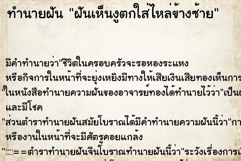 ทำนายฝัน ฝันเห็นงูตกใส่ไหล่ข้างซ้าย ตำราโบราณ แม่นที่สุดในโลก